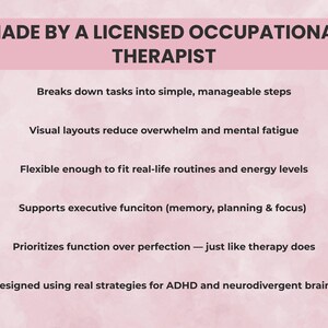 Slide explaining ADHD planner created by a licensed occupational therapist, highlighting expertise in executive function, neuro support, and practical everyday tools.