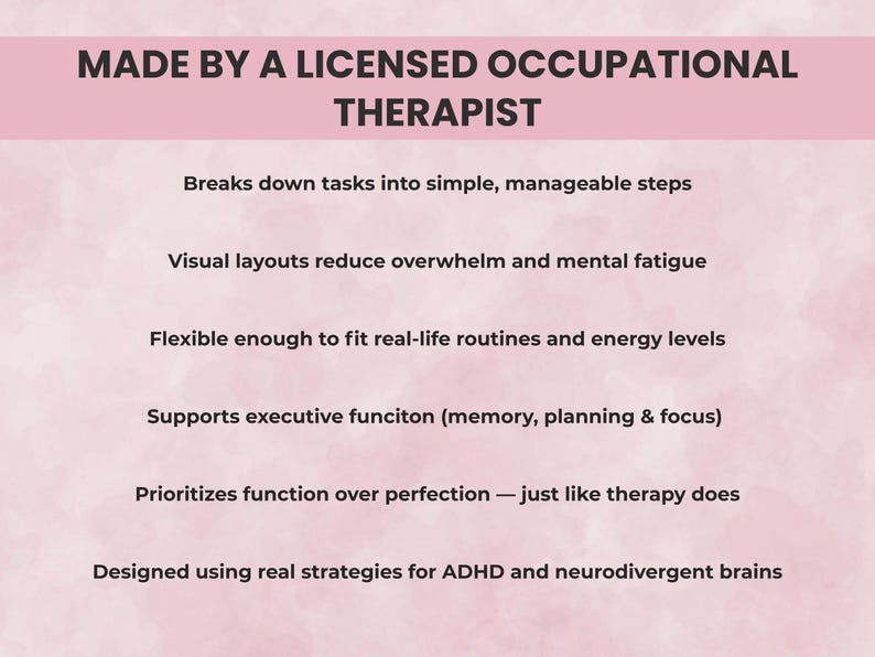 Slide explaining ADHD planner created by a licensed occupational therapist, highlighting expertise in executive function, neuro support, and practical everyday tools.