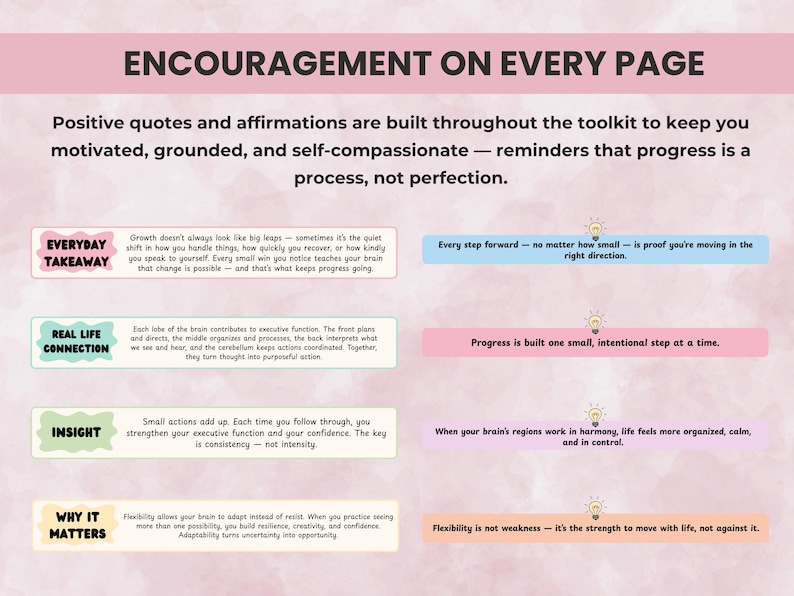 Motivational quotes and affirmations featured throughout the toolkit to promote consistency, reflection, and encouragement.