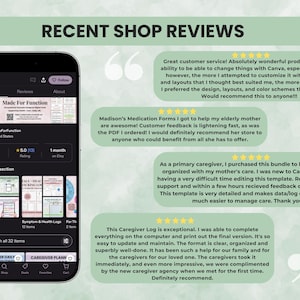 Customer review screenshots and phone mockup showing positive feedback for ADHD planner bundles and digital downloads.