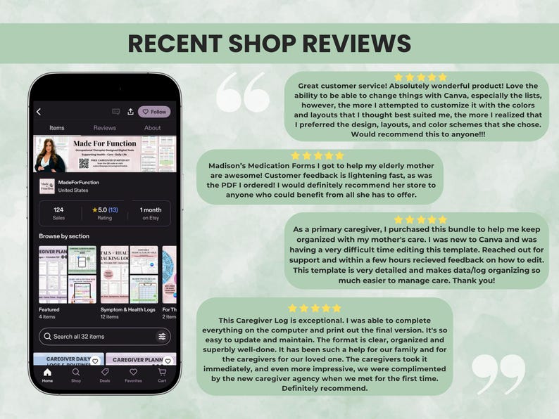 Customer review screenshots and phone mockup showing positive feedback for ADHD planner bundles and digital downloads.
