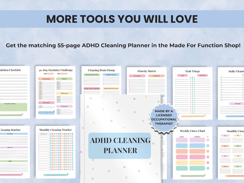Matching ADHD-friendly cleaning planner and digital tools available from Made for Function Etsy shop.