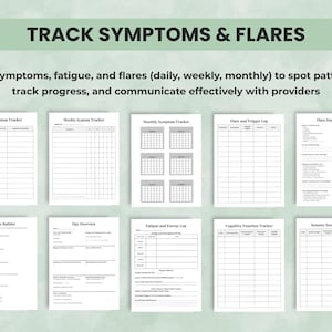 Chronic illness symptom and flare trackers — daily, weekly, and monthly logs for pain, fatigue, mood, and wellness patterns