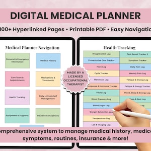 May include: Digital medical planner with over 100 hyperlinked pages in a printable PDF format. Features medical history, health tracking, and more. Includes a hand holding a stylus. Made by a licensed occupational therapist.