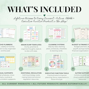 May include: A digital product bundle infographic titled WHAT'S INCLUDED, featuring eight categories: ADHD Planners, Brain Dump Templates, Cleaning Systems, Budget & Finance Tools, Visual Supports, Emotional Regulation, Executive Function Tools, and Autism Supports.