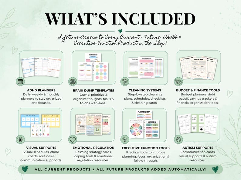 May include: A digital product bundle infographic titled WHAT'S INCLUDED, featuring eight categories: ADHD Planners, Brain Dump Templates, Cleaning Systems, Budget & Finance Tools, Visual Supports, Emotional Regulation, Executive Function Tools, and Autism Supports.