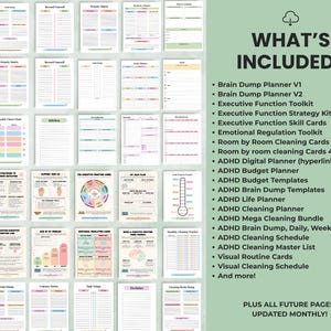 ADHD executive function planner bundle displayed on computer with multiple printable worksheets and planners