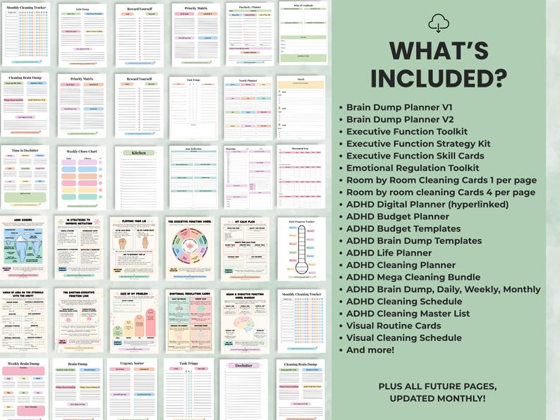 ADHD executive function planner bundle displayed on computer with multiple printable worksheets and planners