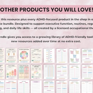Whole shop ADHD and executive function printable bundle showing multiple planners and toolkits