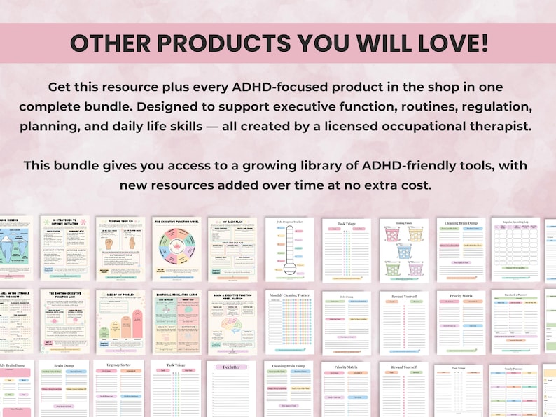 Whole shop ADHD and executive function printable bundle showing multiple planners and toolkits