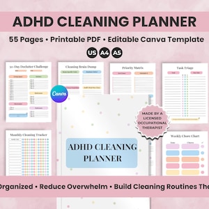 Könnte beinhalten: ADHS-Reinigungsplaner mit 55 Seiten, einem druckbaren PDF und einer bearbeitbaren Canva-Vorlage. Der Planer enthält Checklisten, Entrümpelungs-Herausforderungen, Brain Dumps und Aufgabenübersichten. Der Text lautet: "Organisiert bleiben, Überforderung reduzieren, Reinigungsroutinen aufbauen, die haften."