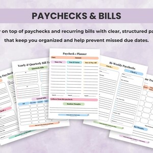 Budget planner paycheck and bill tracker pages for weekly, biweekly, monthly, and quarterly bills with clear layouts to stay organized.