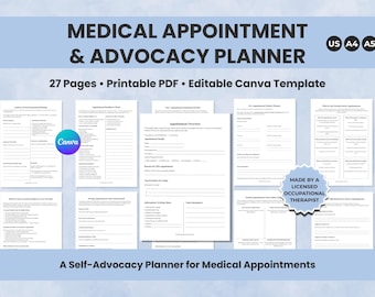 Medical Appointment Planner, Self-Advocacy Toolkit (Printable PDF, Editable Canva Template)