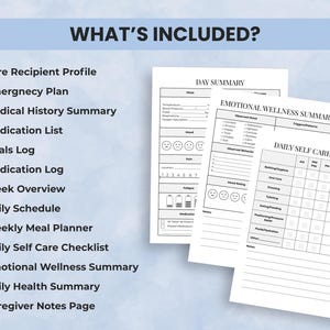 Caregiver printable bundle with daily logs, routine trackers, medical information sheets, and self-care templates