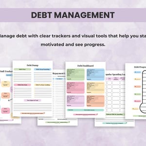 Debt tracking tools including snowball and avalanche trackers, debt repayment logs, dashboards, and payoff thermometer for visual progress.