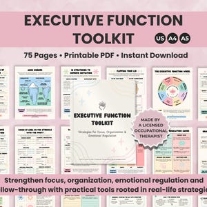 Könnte beinhalten: Ein pink-weißes Executive Function Toolkit mit dem Text "Executive Function Toolkit" und "75 Pages Printable PDF Instant Download". Es bietet Strategien für Fokus, Organisation und emotionale Regulierung.