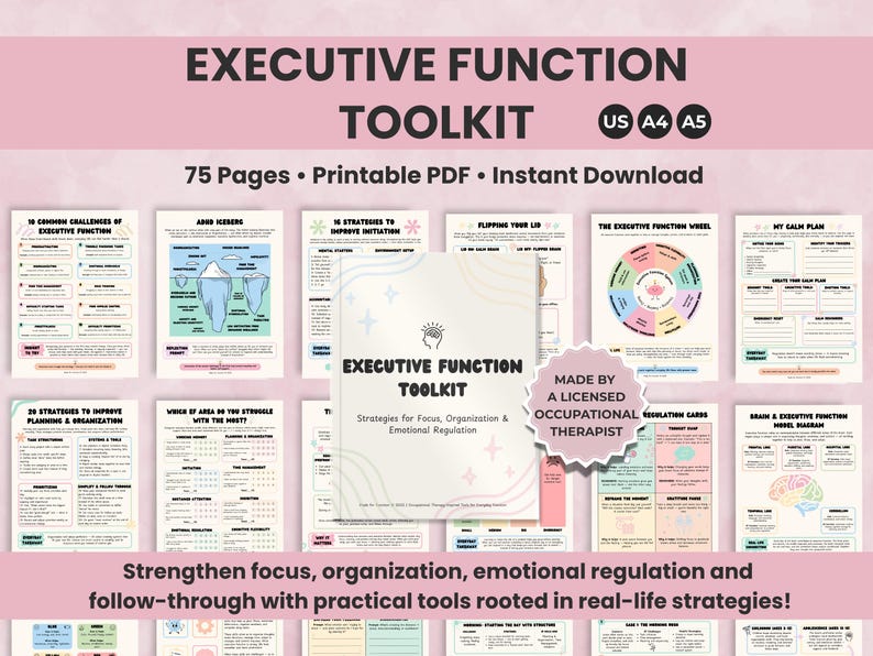 “Executive Function Toolkit printable PDF created by a licensed occupational therapist — includes 70 pages of executive function, ADHD, and emotional regulation worksheets for therapy, classroom, or home use.”