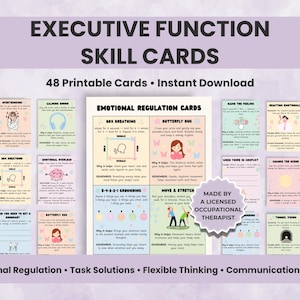 May include: A set of 48 printable Executive Function Skill Cards. The cards feature illustrations and text on topics like emotional regulation, task solutions, and flexible thinking. The cards are designed for instant download.