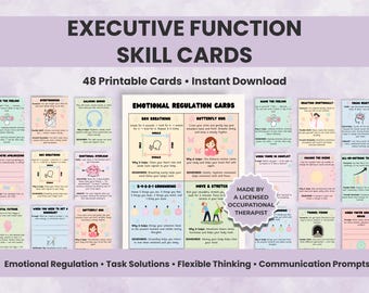 Executive Functioning Strategy Flashcards Printable, Emotional Regulation, Time Management, Communication & Flexible Thinking Cards