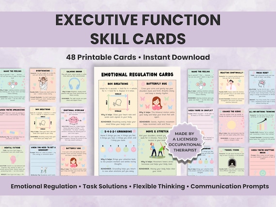 Executive Functioning Strategy Flashcards Printable, Emotional Regulation, Time Management, Communication & Flexible Thinking Cards