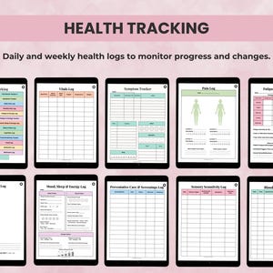 Printable and digital health tracker pages including symptom logs, pain diary, vitals, fatigue, sleep, and daily health logs.