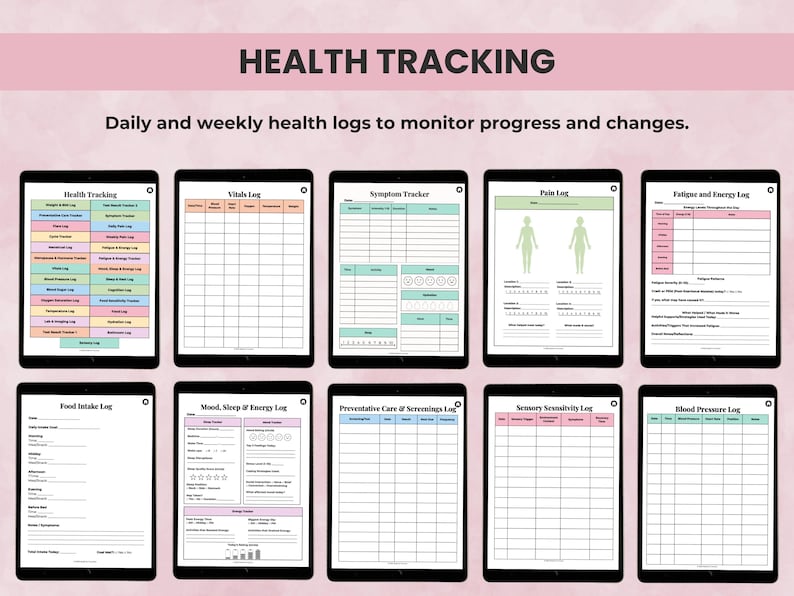 Printable and digital health tracker pages including symptom logs, pain diary, vitals, fatigue, sleep, and daily health logs.