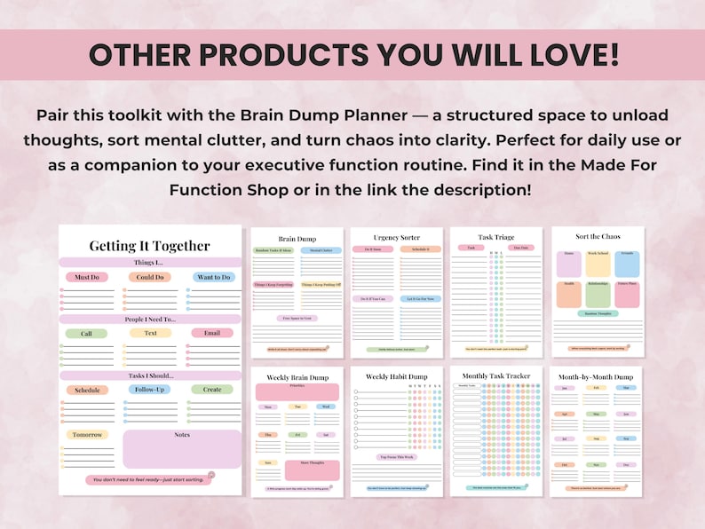 Preview of other Made for Function printables and planner bundles for caregivers, ADHD support, and therapy organization.