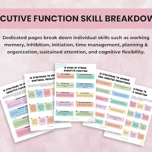 Executive function skill breakdown worksheets covering planning, time management, working memory, and inhibition
