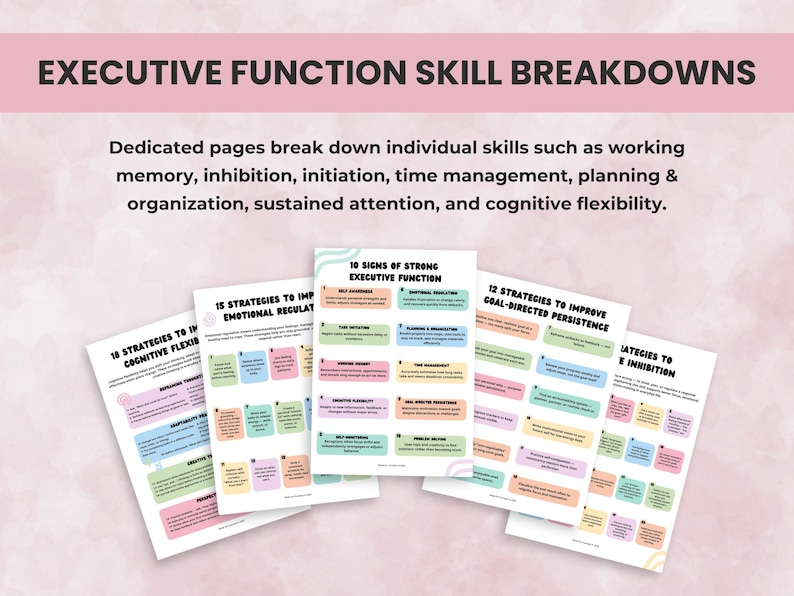 Executive function skill breakdown worksheets covering planning, time management, working memory, and inhibition