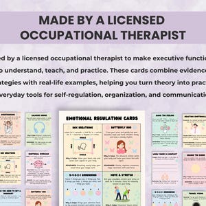 Alt text: Executive Function Skill Cards created by a licensed occupational therapist. Evidence-based strategies designed to support emotional regulation, organization, and communication.