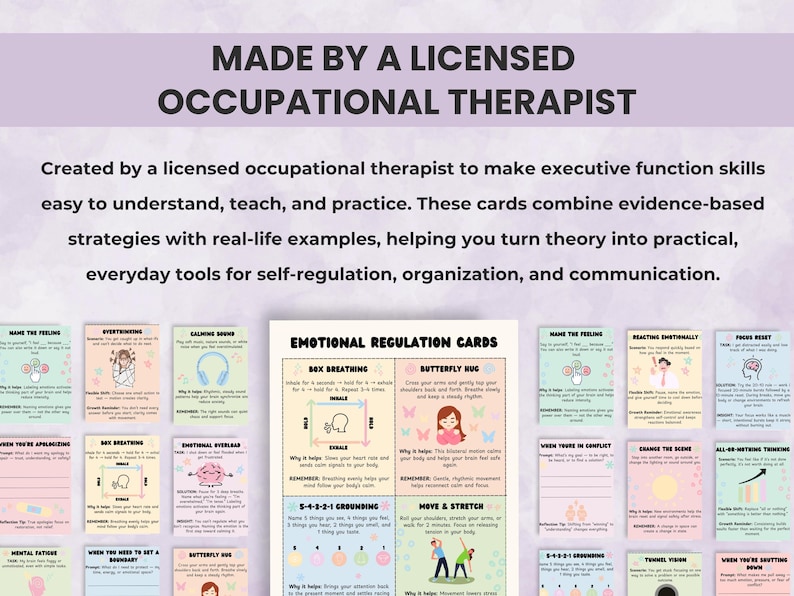 Alt text: Executive Function Skill Cards created by a licensed occupational therapist. Evidence-based strategies designed to support emotional regulation, organization, and communication.