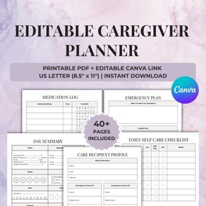 Caregiver Planner Printable Editable Medical Family Caregiver Binder Home Health Nurse Senior Care Checklist Medical Log Symptom Tracker