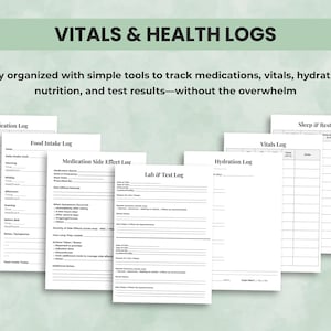Printable health logs for blood pressure, oxygen, temperature, medication, hydration, sleep, and symptom tracking