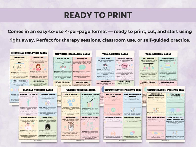 Executive Function Skill Cards in easy 4-per-page printable format. Therapy-friendly and neurodivergent-supportive executive function resource.