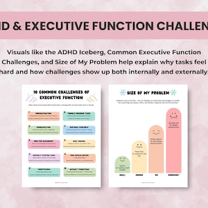 ADHD and executive function challenges visual worksheets explaining executive dysfunction and daily task difficulties
