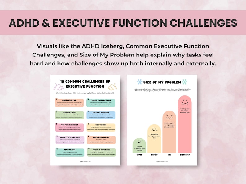 ADHD and executive function challenges visual worksheets explaining executive dysfunction and daily task difficulties