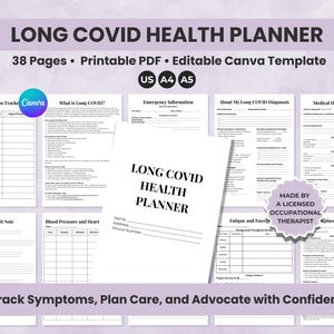 Op de afbeelding: Een afdrukbare Long Covid Health Planner met 38 pagina's, beschikbaar in US Letter, A4 en A5 formaten. De planner bevat secties voor het volgen van symptomen, noodinformatie en medische geschiedenis. De tekst "Track Symptoms, Plan Care, and Advocate with Confidence" is zichtbaar.