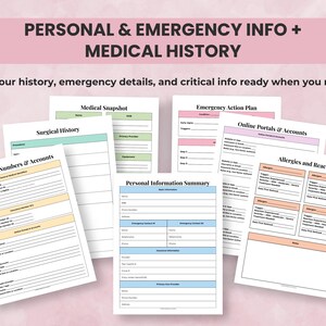Medical Binder pages for emergency contacts, insurance details, personal information, chronic conditions, surgeries, allergies, and family history.