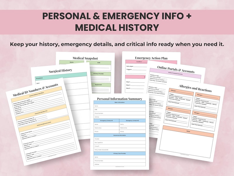 Medical Binder pages for emergency contacts, insurance details, personal information, chronic conditions, surgeries, allergies, and family history.