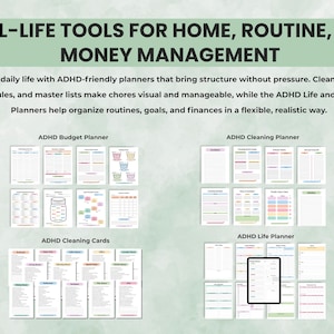 Mockup collage of ADHD cleaning, budgeting, and life planners displayed on tablets and printed pages for real-life organization.