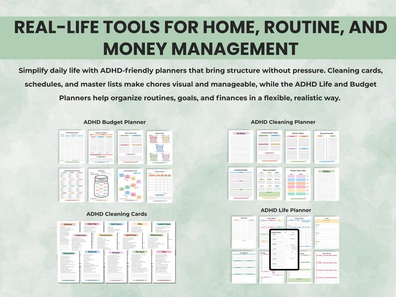 Mockup collage of ADHD cleaning, budgeting, and life planners displayed on tablets and printed pages for real-life organization.
