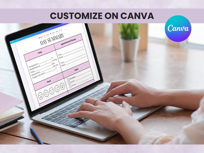 Editable caregiver planner Canva template shown on laptop for customization and digital use
