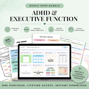 Puede incluir: Un paquete digital de plantillas de planificación para TDAH y funciones ejecutivas con una pantalla de portátil que muestra varios archivos, PDF imprimibles y plantillas de Canva. El texto incluye "WHOLE SHOP BUNDLE," "ADHD & EXECUTIVE FUNCTION," y "MADE BY A LICENSED OCCUPATIONAL THERAPIST."