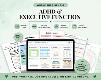 Executive Function Toolkit | ADHD Planner Bundle | Productivity Planner | Task Tracker | Brain Dump Worksheets | Printable Canva Templates