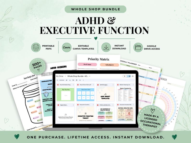 May include: A digital bundle of ADHD and executive function planning templates featuring a laptop screen displaying various organisational files, printable PDF documents, and Canva templates. The text includes "WHOLE SHOP BUNDLE," "ADHD & EXECUTIVE FUNCTION," and "MADE BY A LICENSED OCCUPATIONAL THERAPIST."