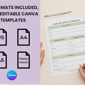 Caregiver planner printable sizes US Letter A4 A5 and Happy Planner Classic format comparison