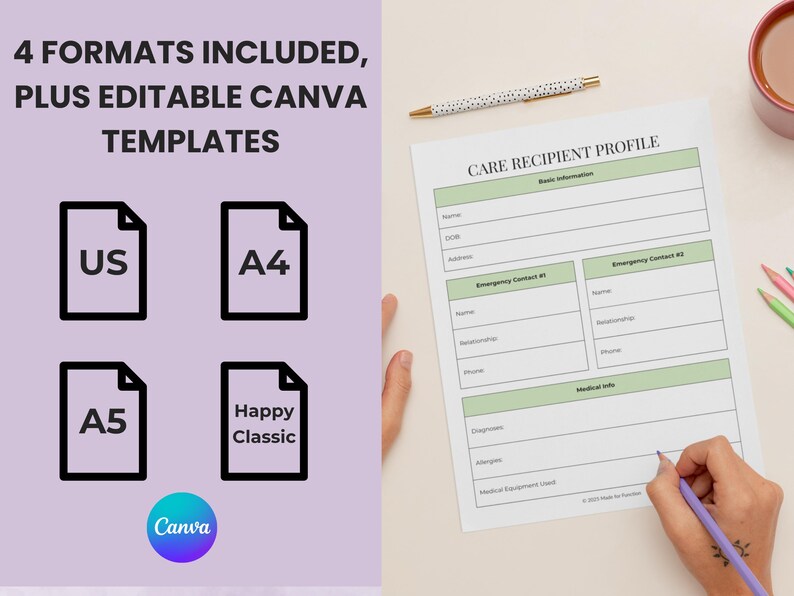 Caregiver planner printable sizes US Letter A4 A5 and Happy Planner Classic format comparison