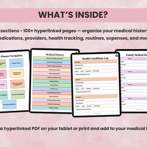Overview of Digital Medical Planner sections including emergency info, medical history, care team, appointments, medications, health tracking, daily living, equipment, insurance, and reflection pages.