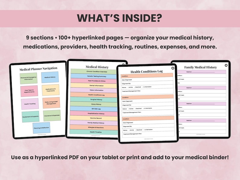 Overview of Digital Medical Planner sections including emergency info, medical history, care team, appointments, medications, health tracking, daily living, equipment, insurance, and reflection pages.