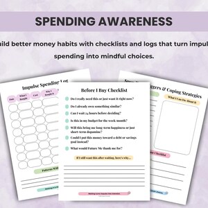 Impulse spending log and Before I Buy checklist with coping strategies to reduce impulse purchases and build mindful money habits.